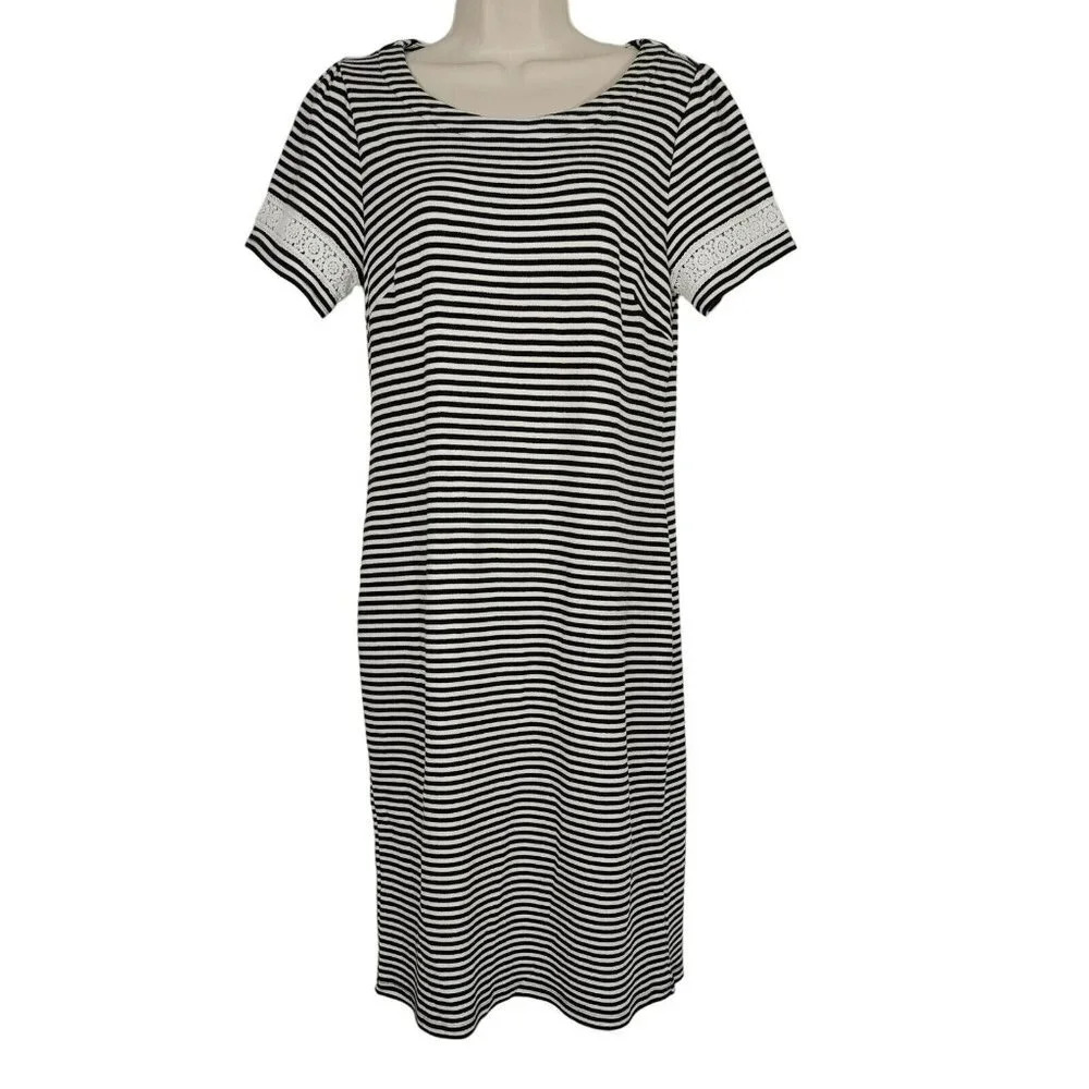 Talbots Sheath Dress Women Size S Black and White Stripe Short Sleeve Lace Trim